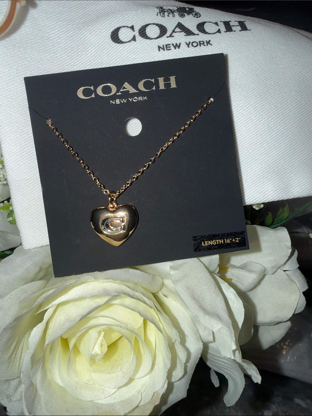 Coach Gold Heart Pendant Necklace with Signature 'C' 16-18 inch & dusty